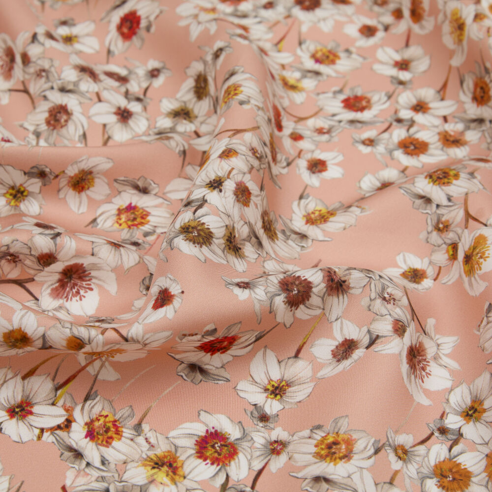 Salmon Watercolor Floral Pattern Twill Silk Square Scarf - Vismara