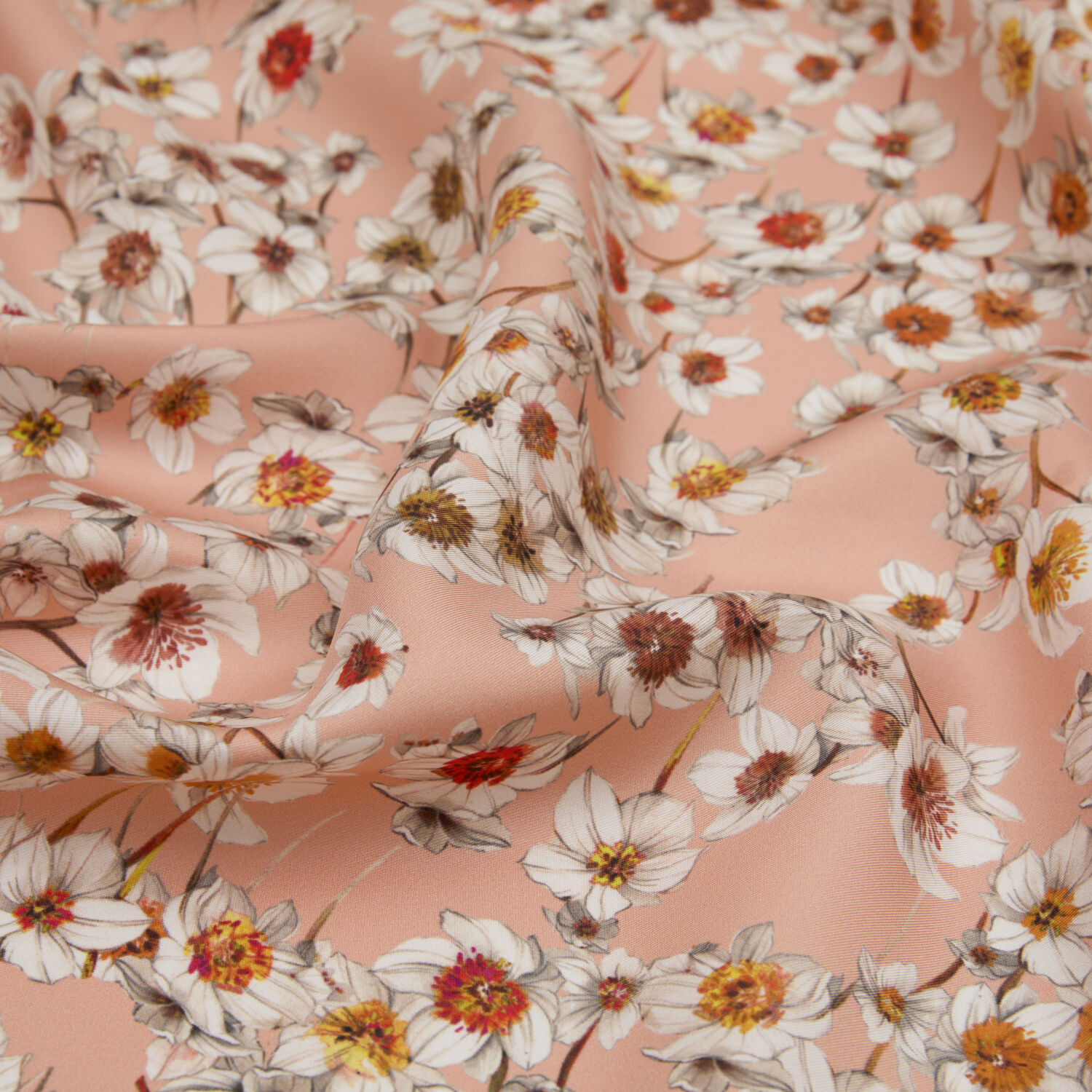 Salmon Watercolor Floral Pattern Twill Silk Square Scarf - 2