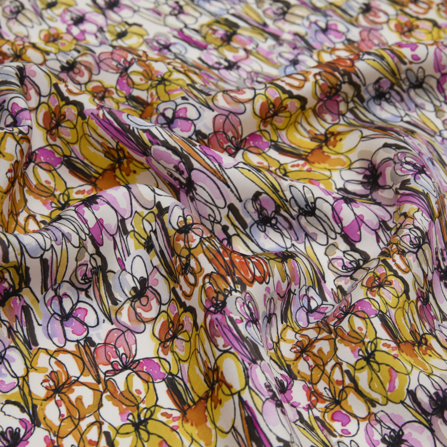 Sarı Bahar Çiçekleri Desenli Twill İpek Eşarp - 2
