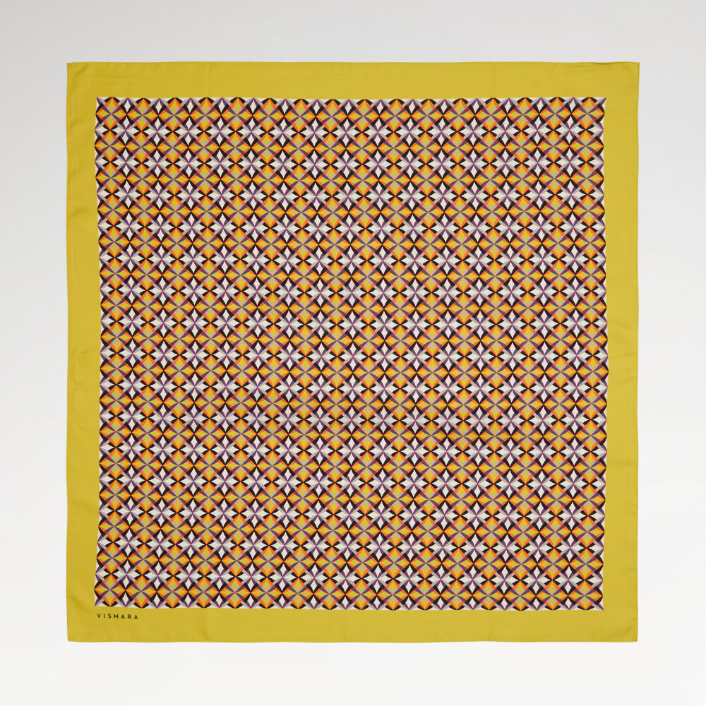 Sarı Diamond Line Retro Desen Twill İpek Eşarp