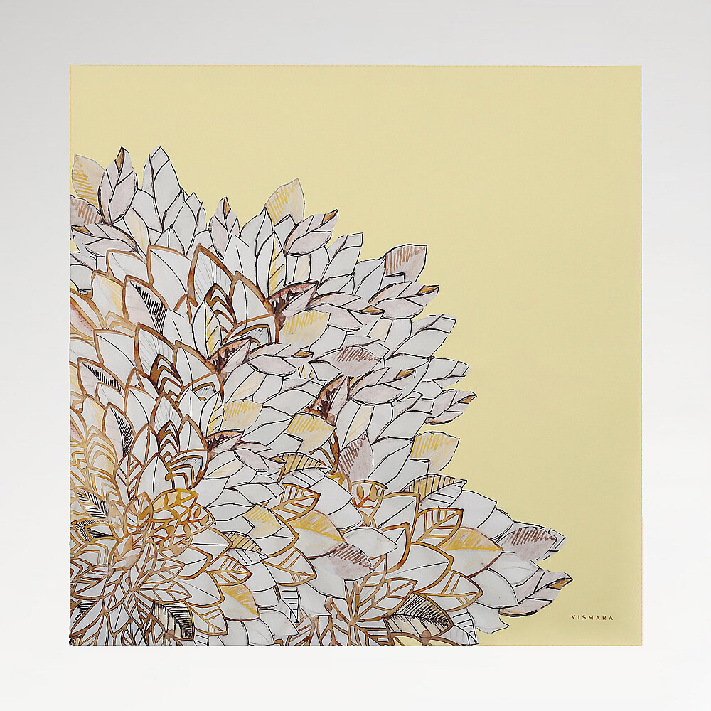 Sarı Floral Yaprak Desenli Twill İpek Eşarp - 1