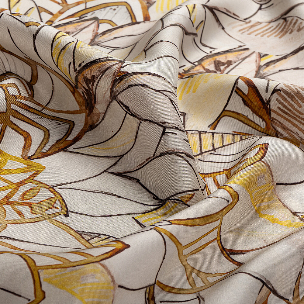 Sarı Floral Yaprak Desenli Twill İpek Eşarp - 2