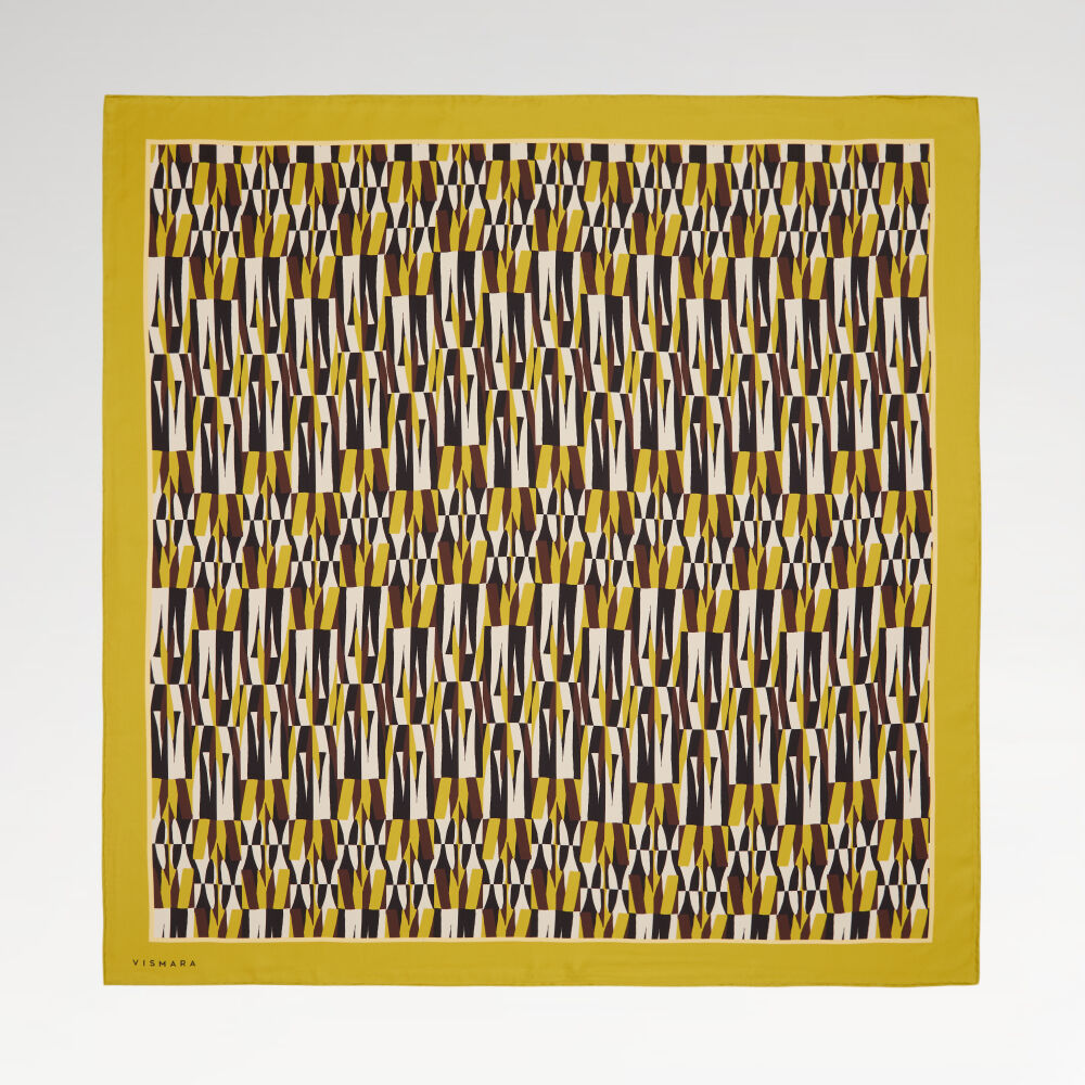 Sarı İkat Retro Desenli Twill İpek Eşarp