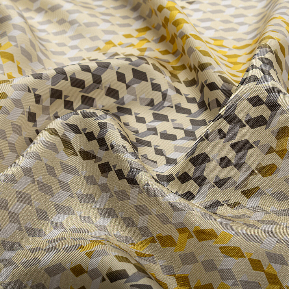 Sarı İzometrik Monogram Desenli Twill İpek Eşarp - 2