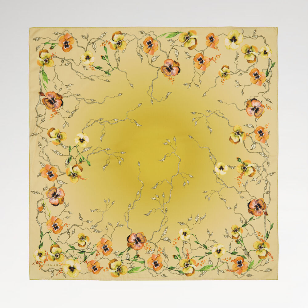 Sarı Menekşe Çiçeği Desenli Twill İpek Eşarp