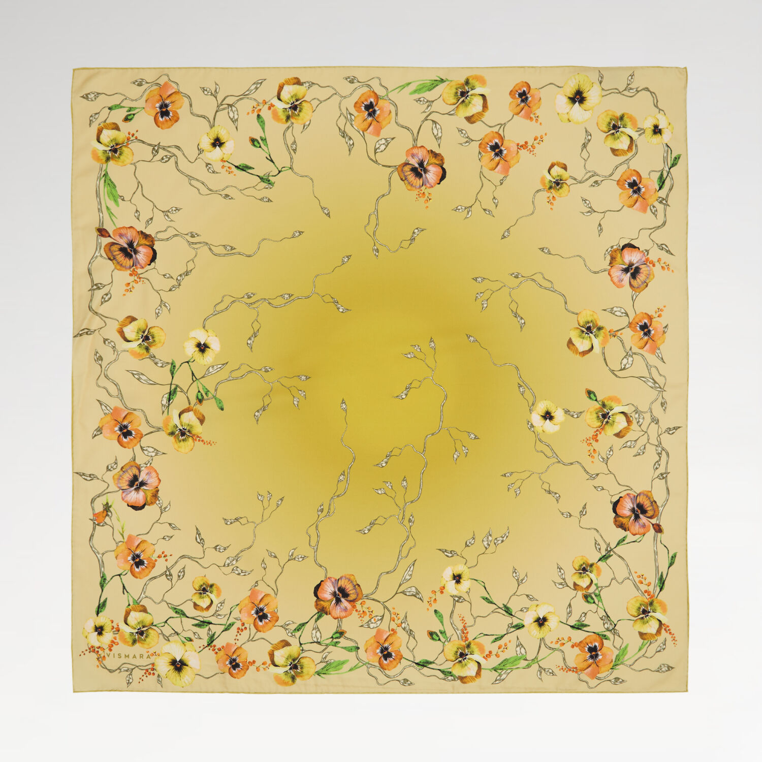 Sarı Menekşe Çiçeği Desenli Twill İpek Eşarp - 1