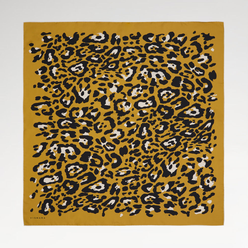 Sarı Modern Leopar Desenli Twill İpek Eşarp
