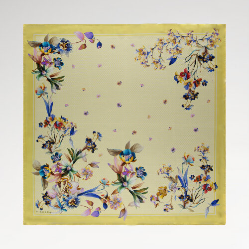 Sarı Monogram Çiçek Bahçesi Desenli İpek Eşarp