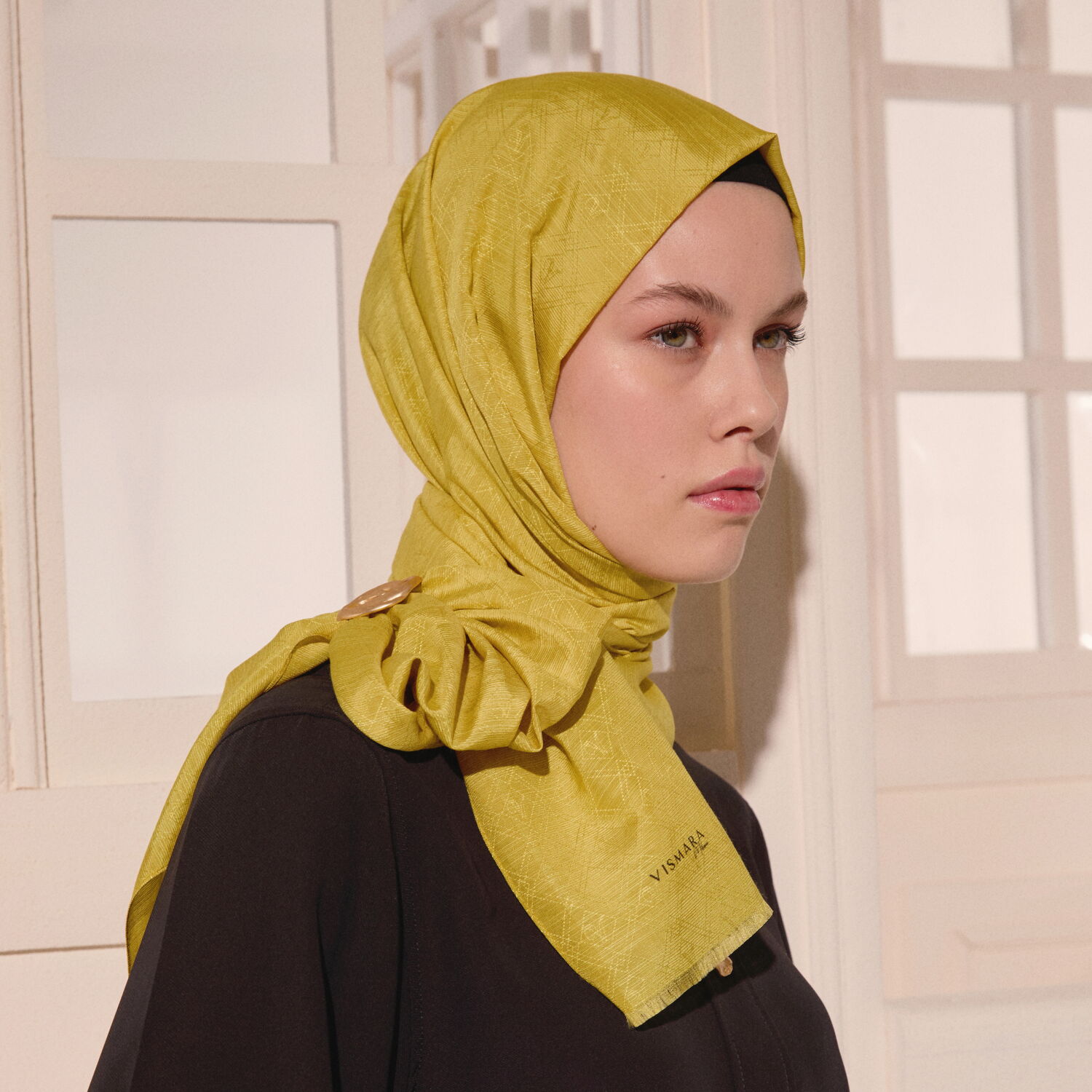 Sarı Monogram Desen V Jakarlı Pamuk İpek Şal - 5