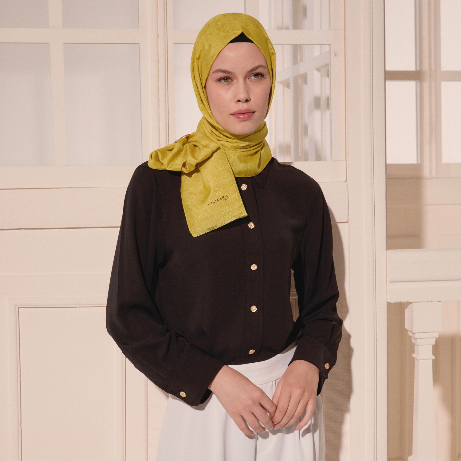 Sarı Monogram Desen V Jakarlı Pamuk İpek Şal - 3