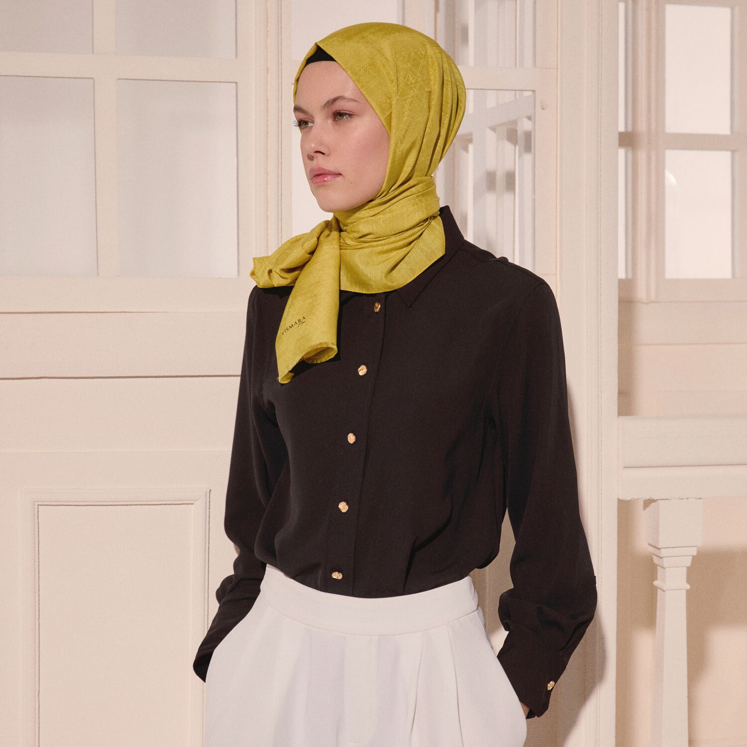 Sarı Monogram Desen V Jakarlı Pamuk İpek Şal - 4