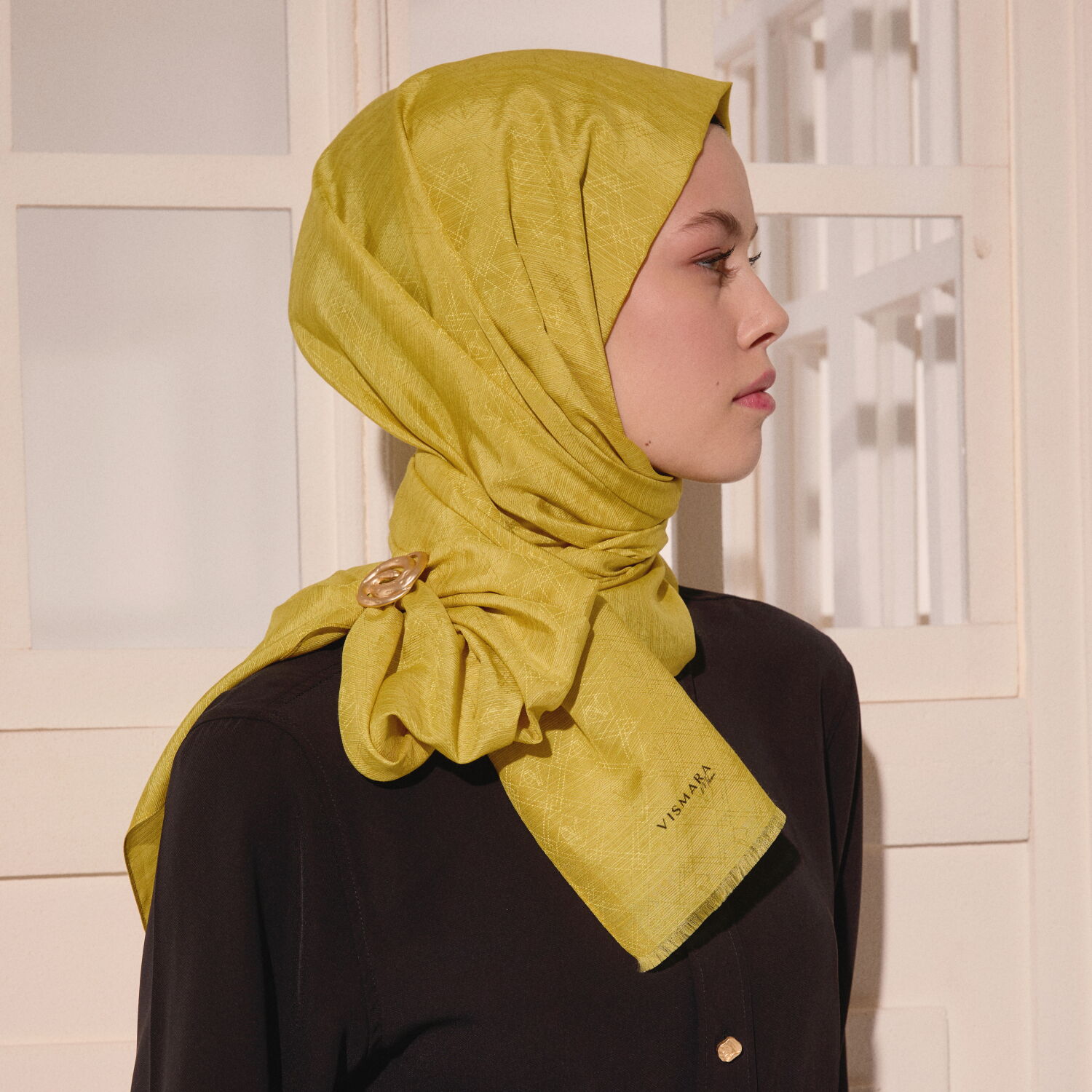 Sarı Monogram Desen V Jakarlı Pamuk İpek Şal - 6