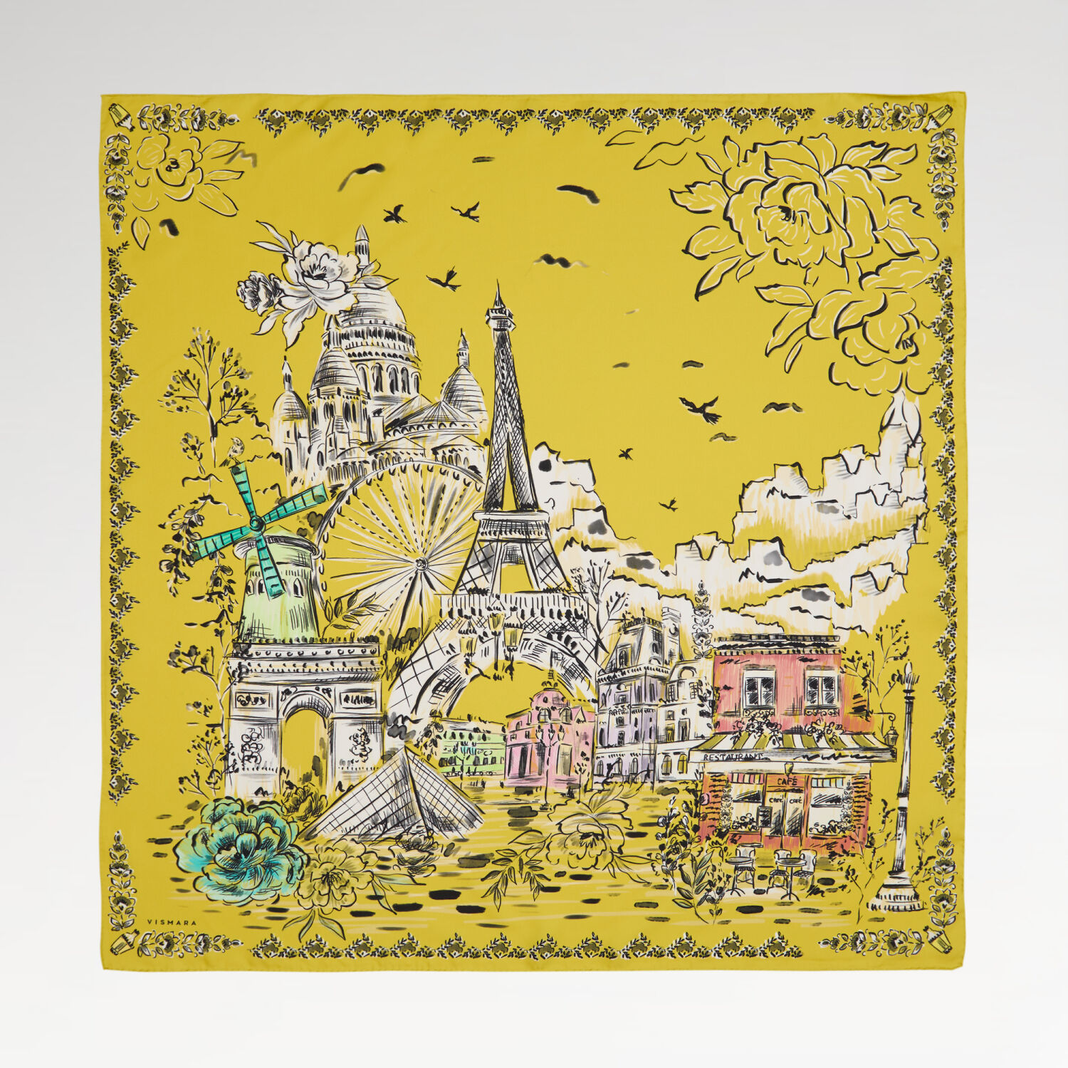 Sarı Parisien Desenli Twill İpek Eşarp - 1