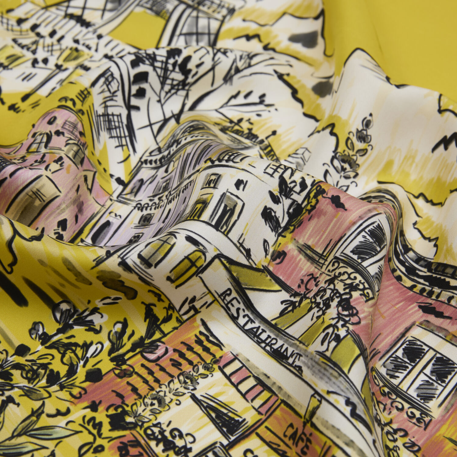 Sarı Parisien Desenli Twill İpek Eşarp - 2