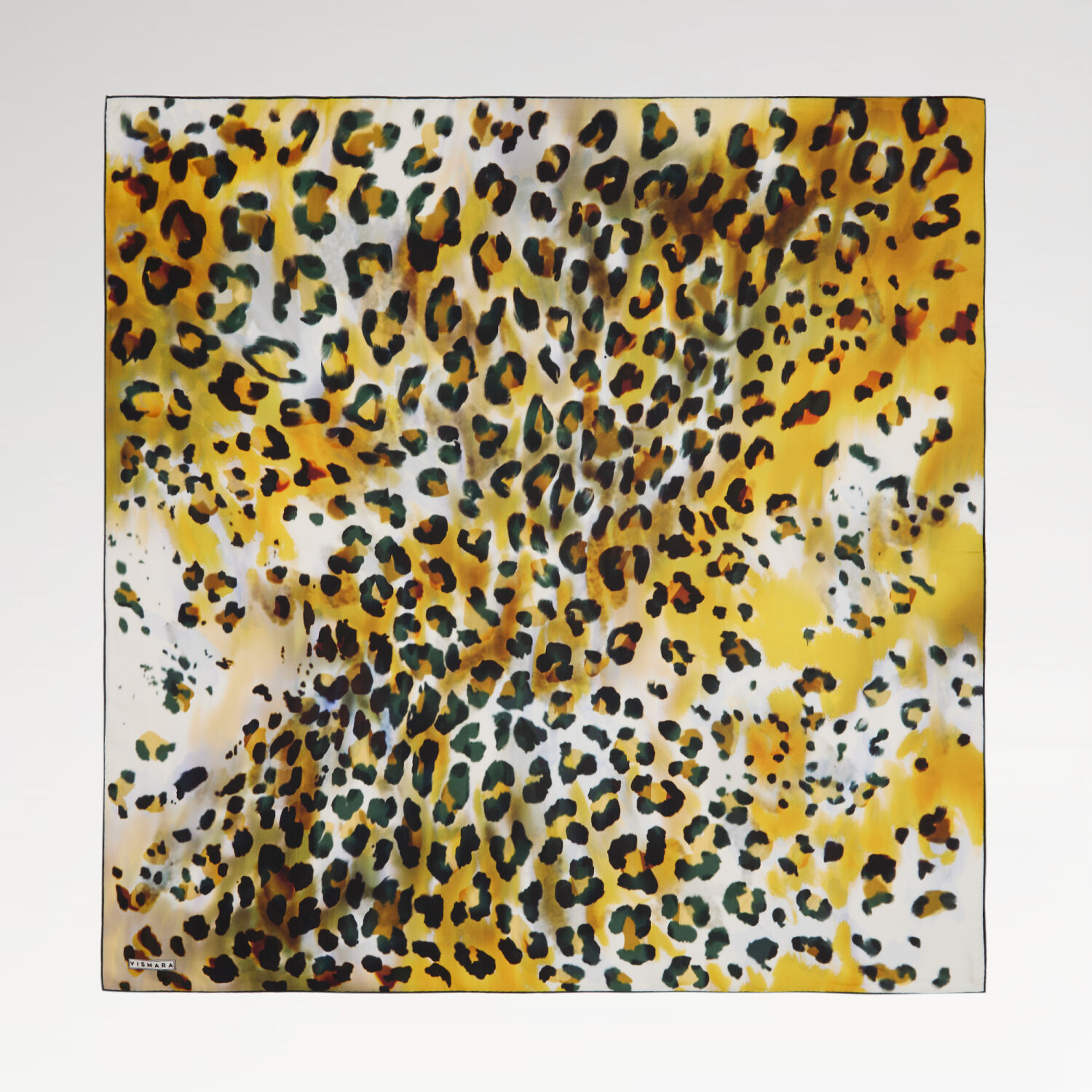 Sarı Sanatsal Leopar Desenli Twill İpek Eşarp - 1