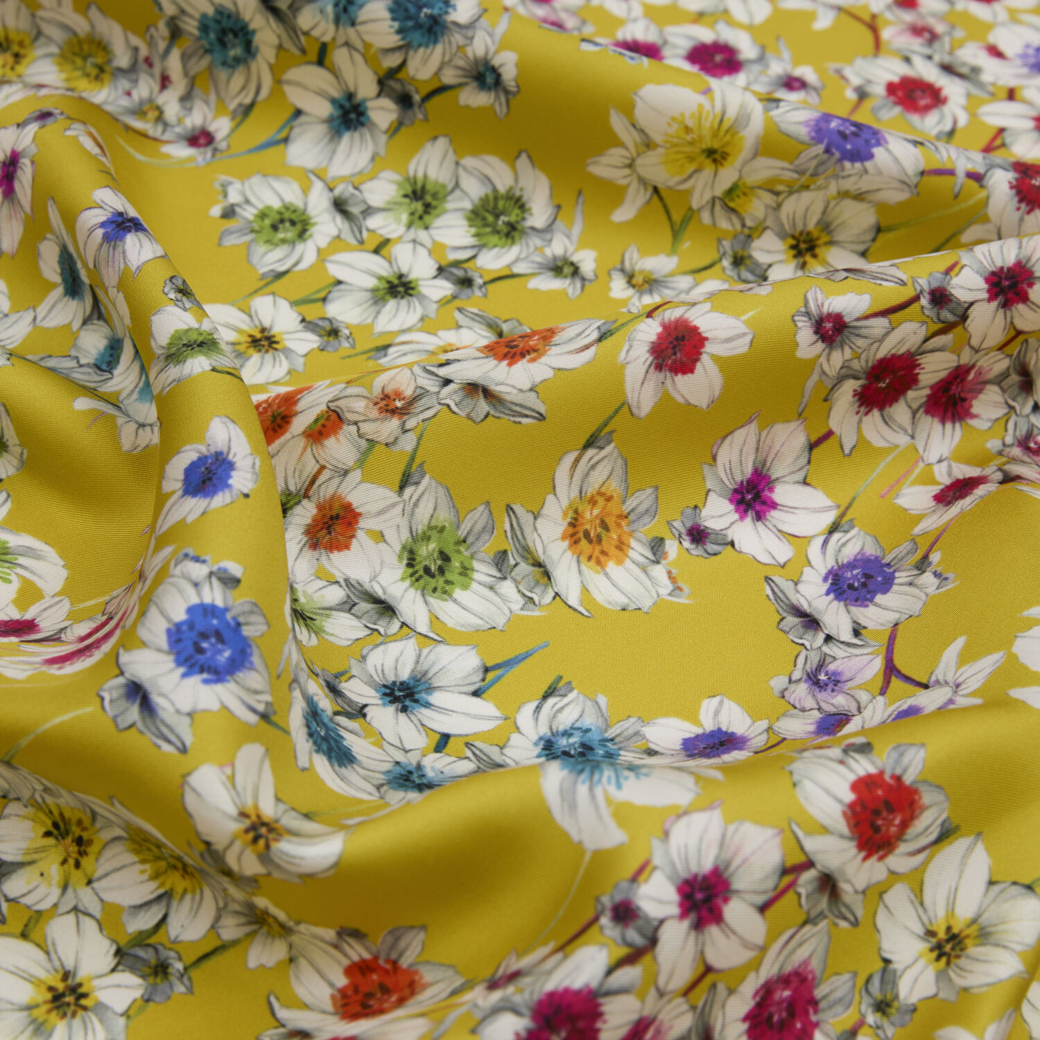 Sarı Sulu Boya Çiçek Deseni Twill İpek Eşarp - 2