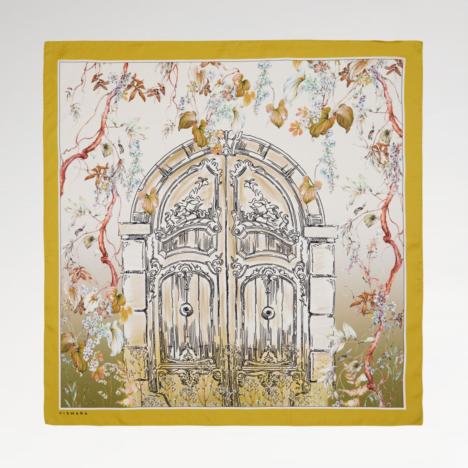 Sarı Vintage Çiçekli Kapı Desenli Twill İpek Eşarp - 1