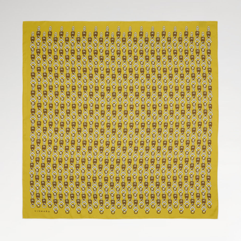 Sarı Zincir Motif Desenli Twill İpek Eşarp