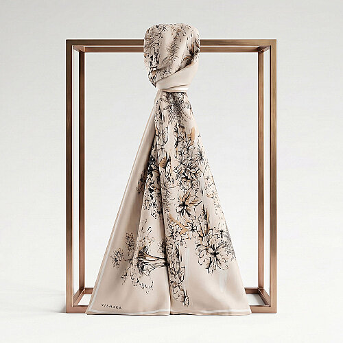 Sciarpa di seta beige con motivo giardino toile de Jouy.