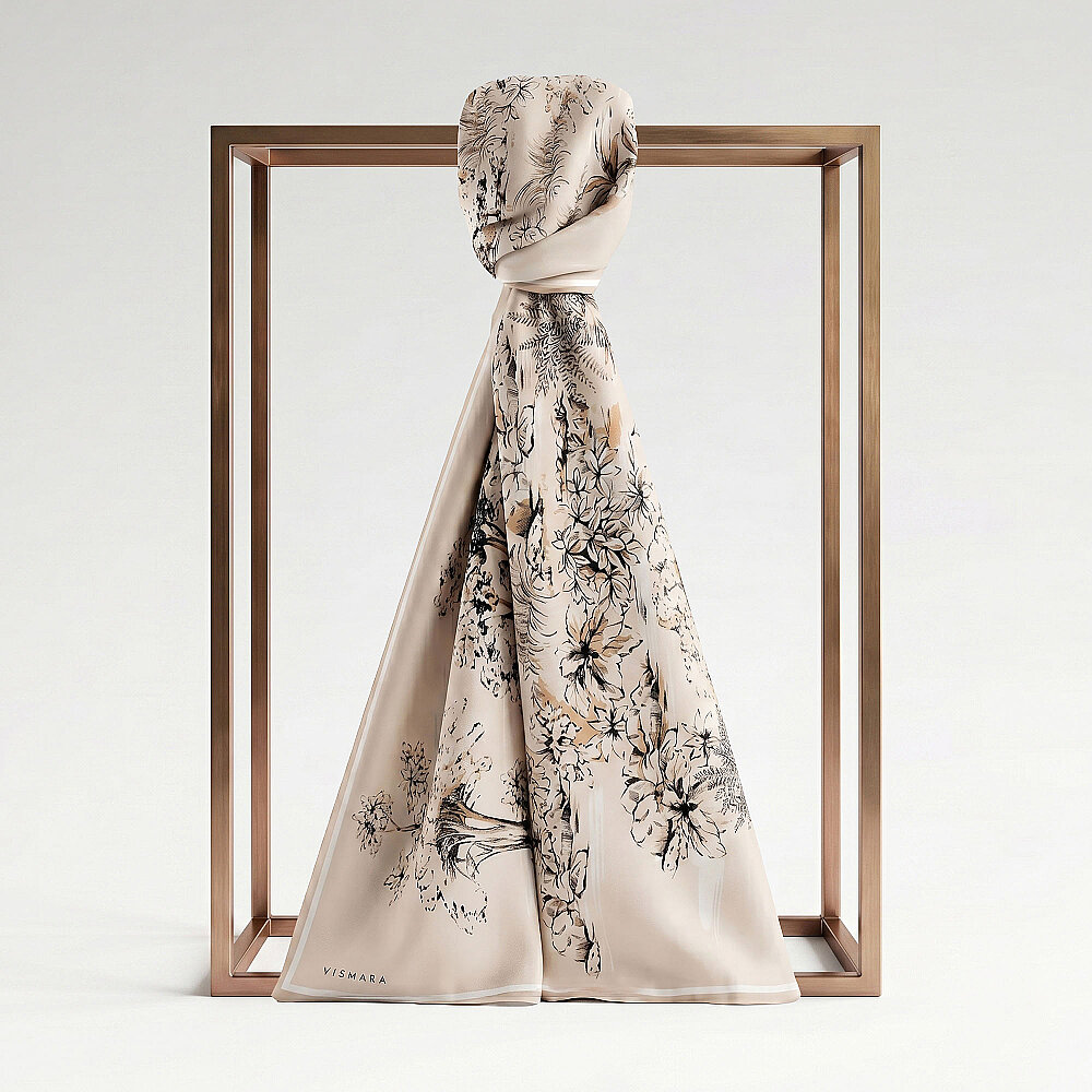 Sciarpa di seta beige con motivo giardino toile de Jouy. - 1