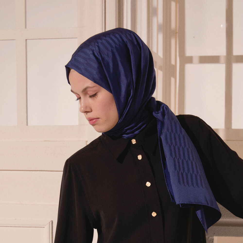 Sciarpa in lana e seta jacquard con motivo a goccia blu navy - Vismara