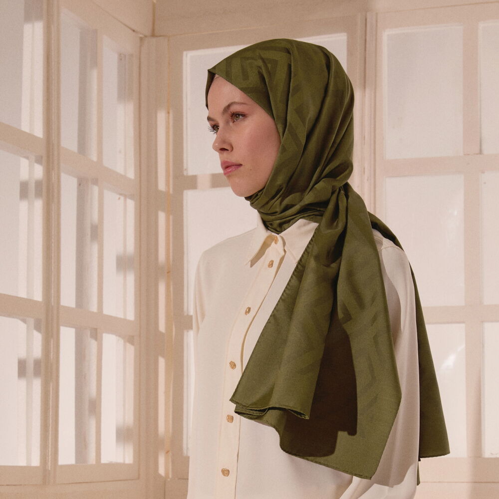 Sciarpa in lana e seta jacquard con motivo G verde kaki - Vismara