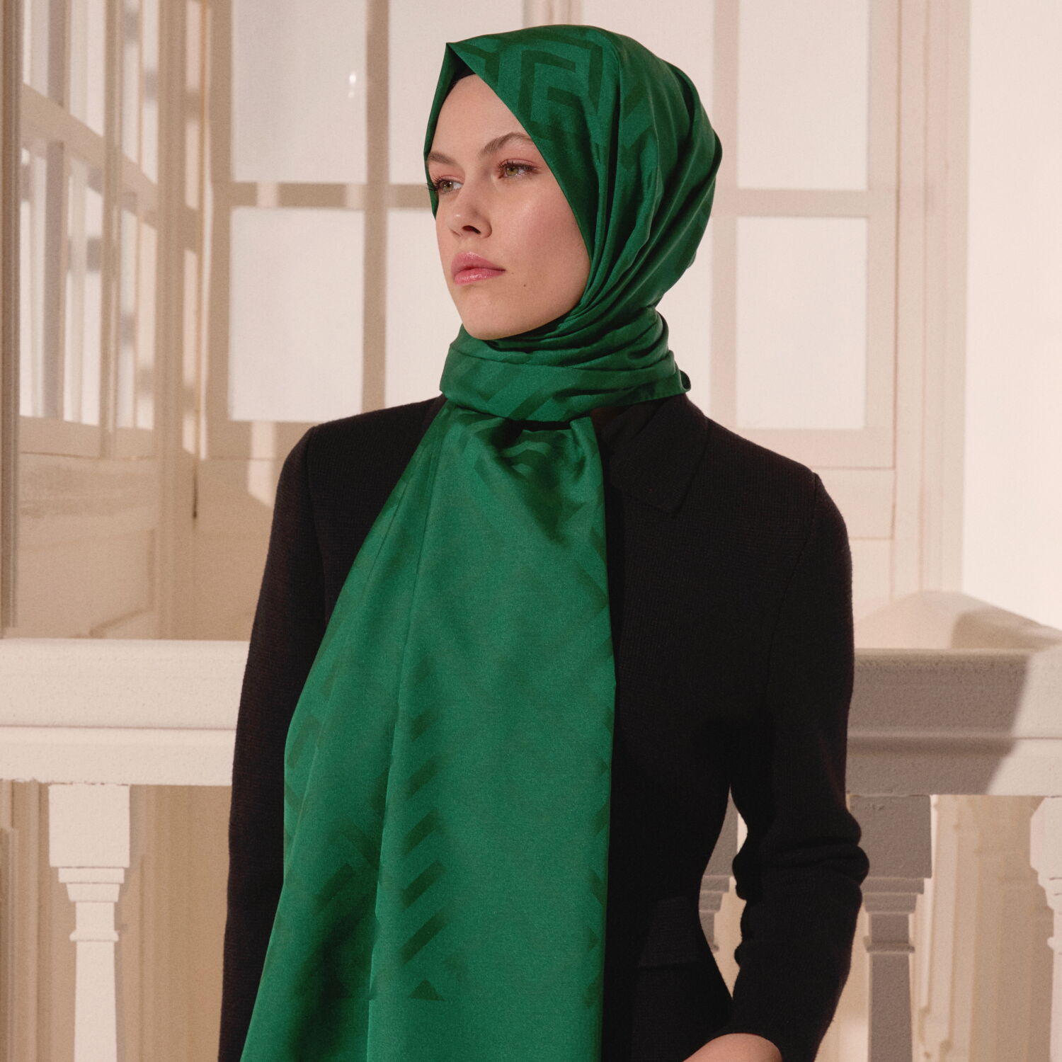 Sciarpa in lana e seta jacquard con motivo G verde smeraldo - 6
