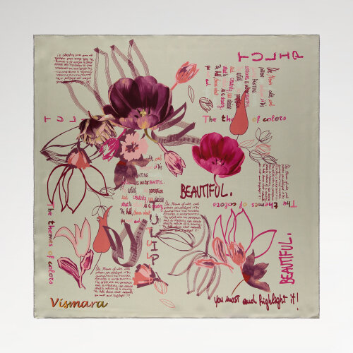 Sciarpa quadrata in seta beige con motivo floreale armonioso scritto a mano