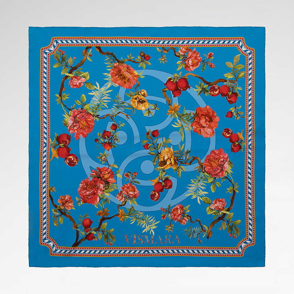 Sciarpa quadrata in seta Vismara blu con fantasia melagrana - 1