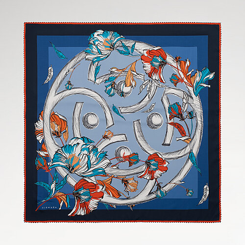 Sciarpa quadrata in seta blu navy con fantasia Flora Viva