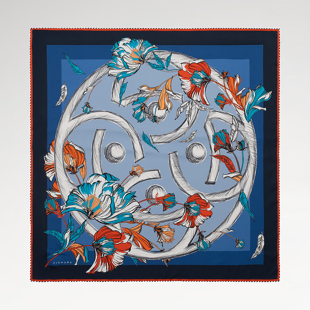 Sciarpa quadrata in seta blu navy con fantasia Flora Viva - 1