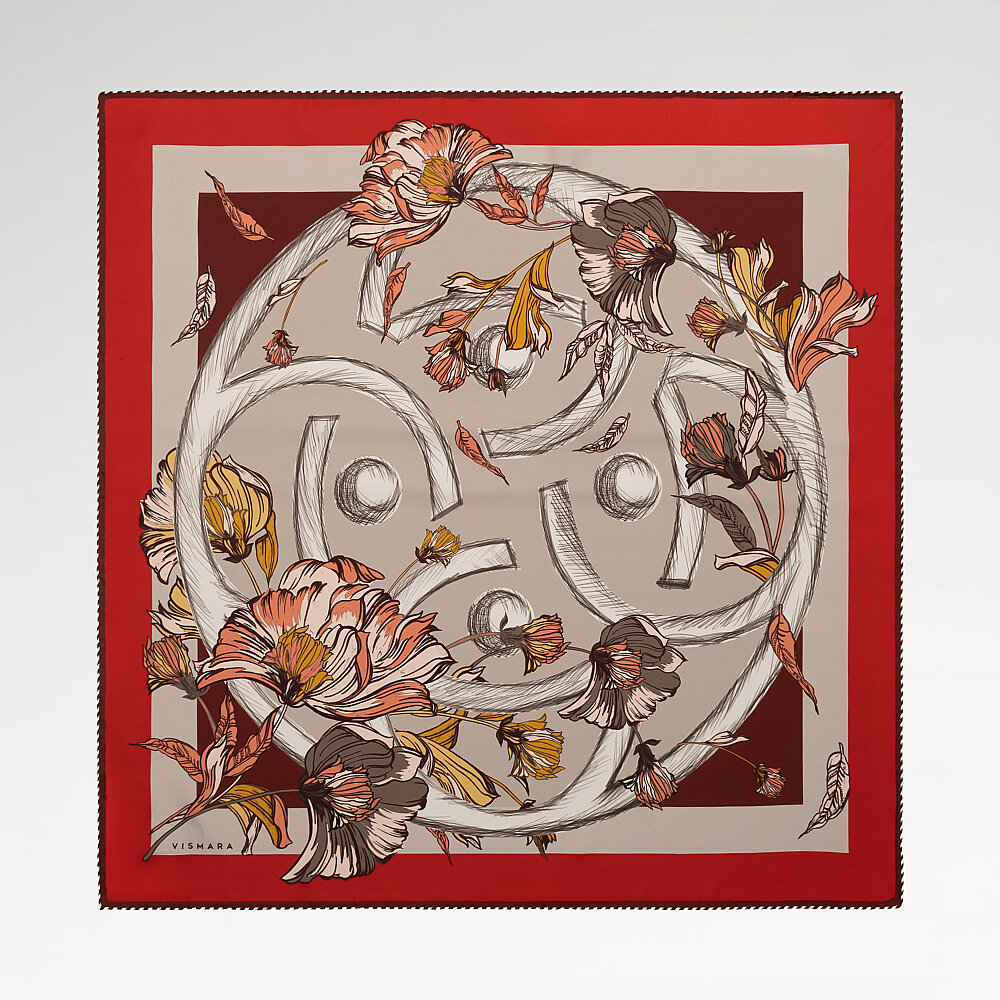 Sciarpa quadrata in seta con fantasia Red Flora Viva - 1