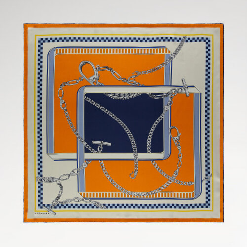 Sciarpa quadrata in seta con motivo a danza a catena arancione e blu navy