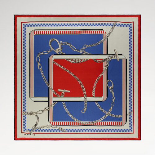 Sciarpa quadrata in seta con motivo a danza a catena blu e rossa