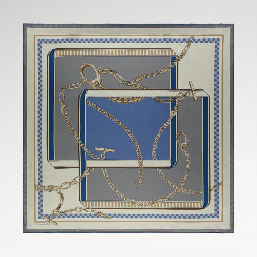 Sciarpa quadrata in seta con motivo a danza a catena grigio-blu