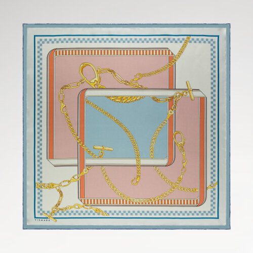 Sciarpa quadrata in seta con motivo a danza a catena rosa e blu