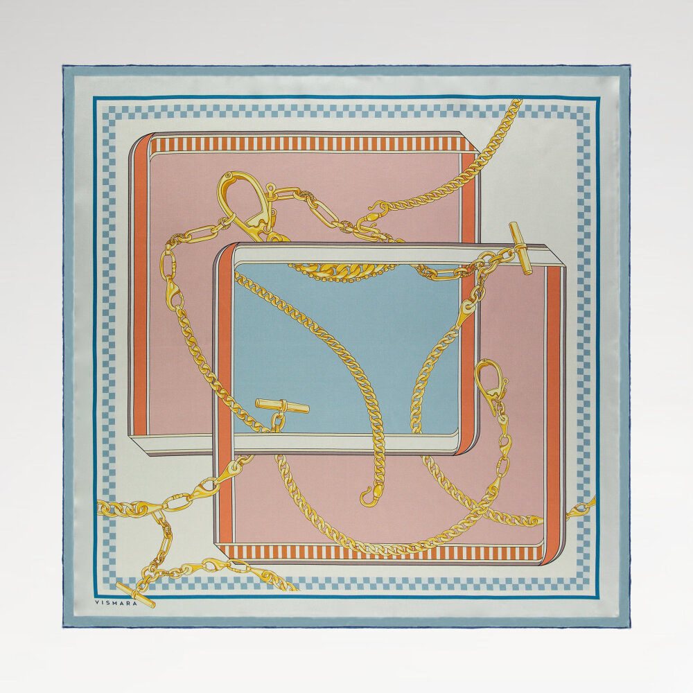 Sciarpa quadrata in seta con motivo a danza a catena rosa e blu - 1