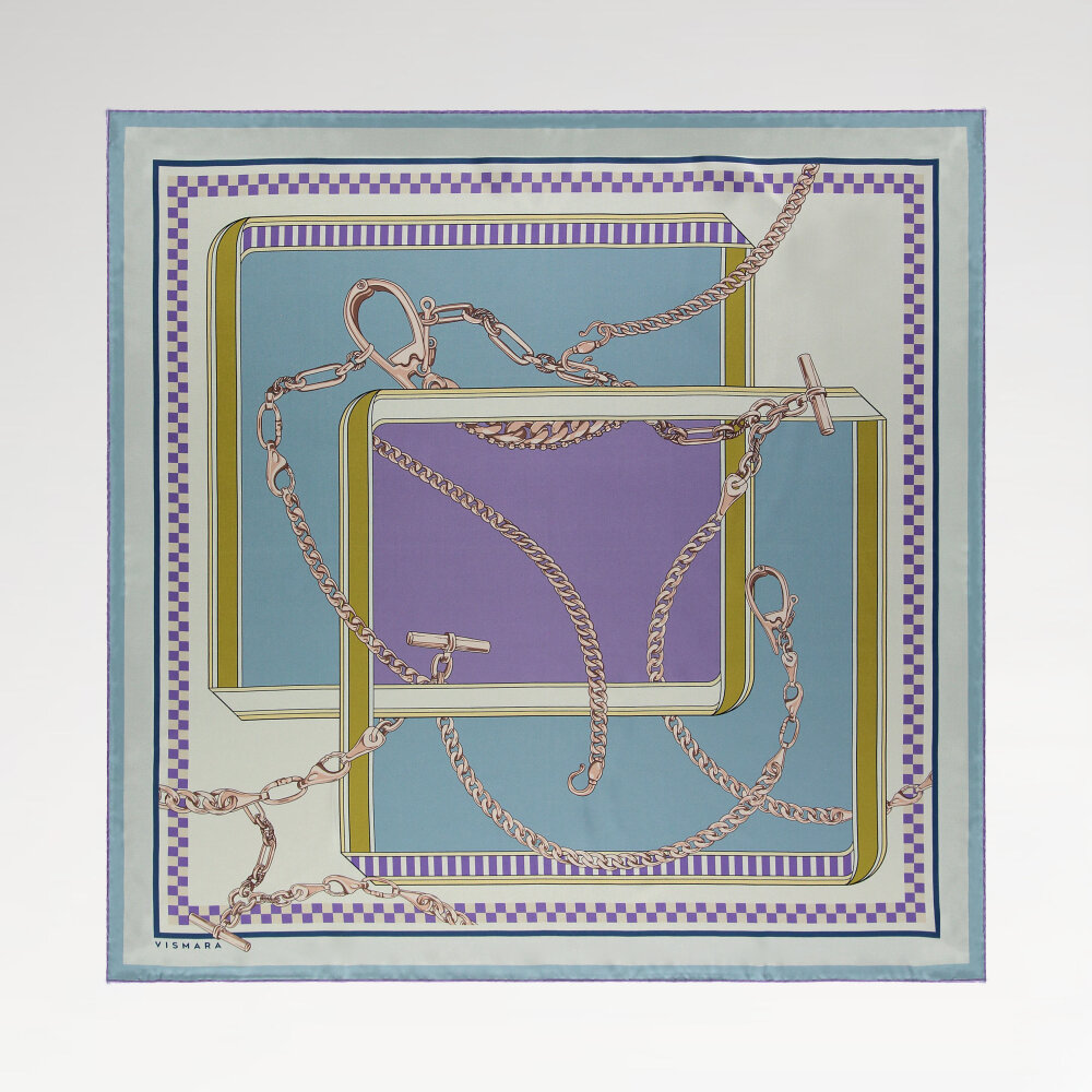 Sciarpa quadrata in seta con motivo a danza di catene viola e azzurro - 1