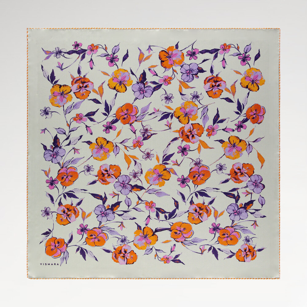 Sciarpa quadrata in seta con motivo a fiori di campo arancioni - 1