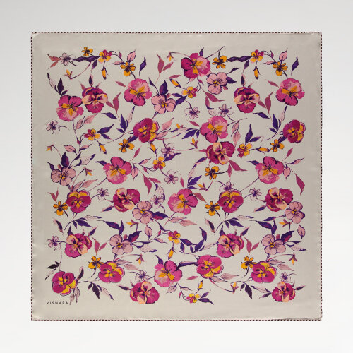 Sciarpa quadrata in seta con motivo a fiori di campo color corallo