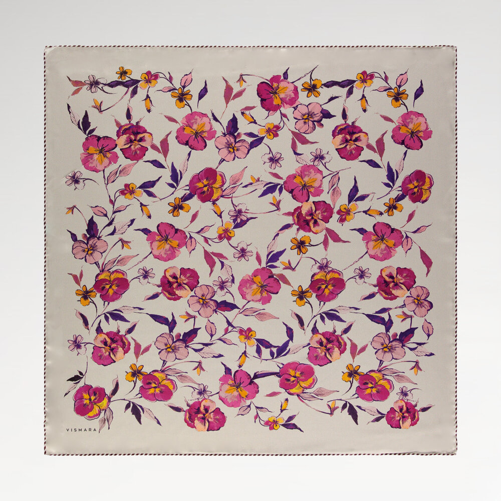 Sciarpa quadrata in seta con motivo a fiori di campo color corallo - 1