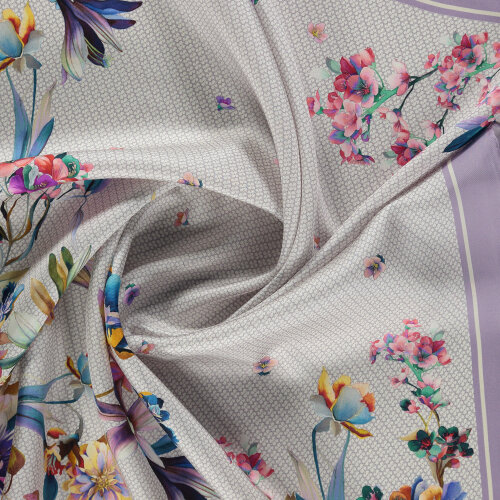 Sciarpa quadrata in seta con motivo a giardino di fiori lilla e monogramma - Vismara