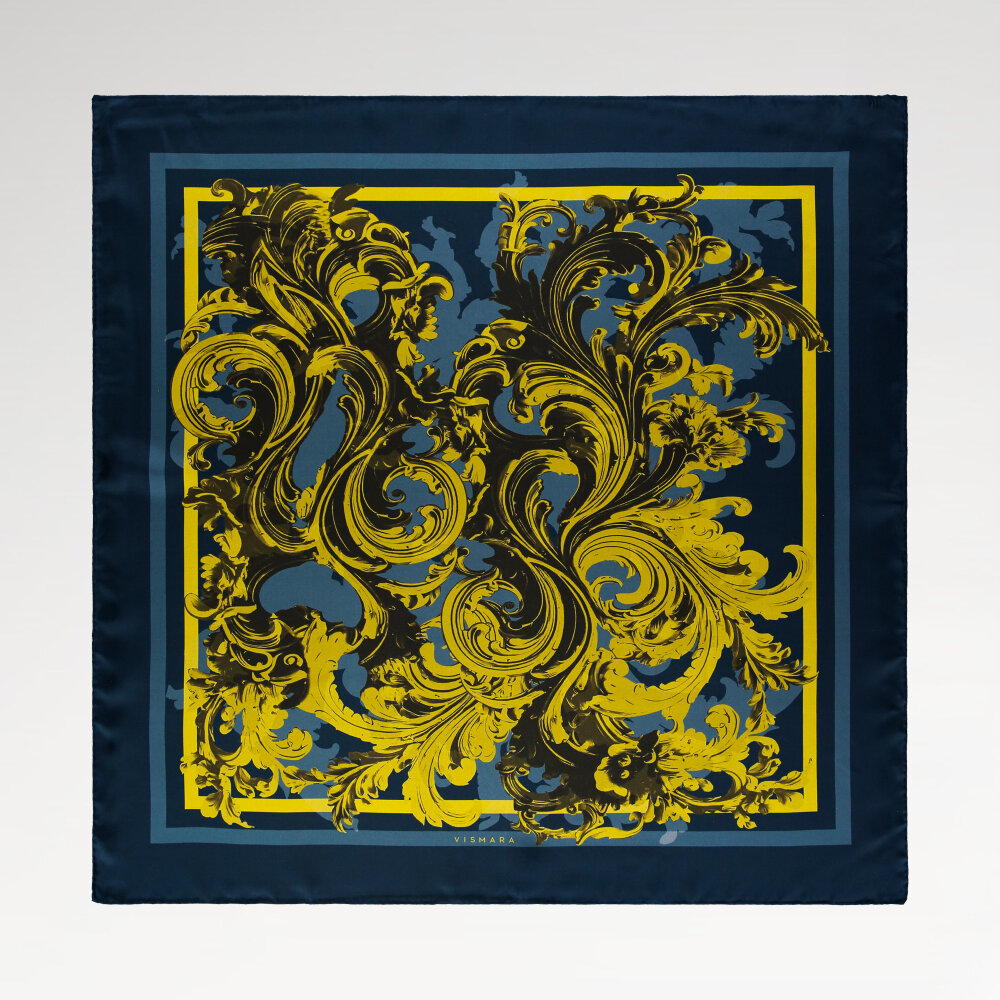 Sciarpa quadrata in seta con motivo barocco edera blu e verde acqua - 1