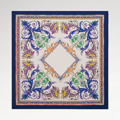 Sciarpa quadrata in seta con motivo Fiorenza blu cobalto
