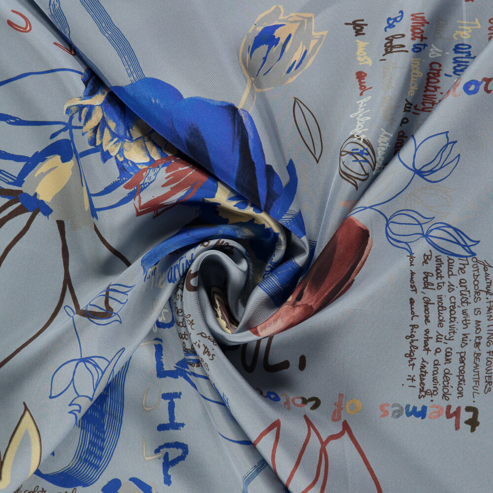 Sciarpa quadrata in seta con motivo floreale blu scritto a mano - 2