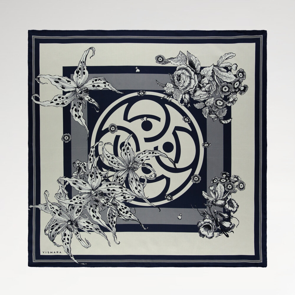 Sciarpa quadrata in seta con motivo floreale monogramma blu navy - 1