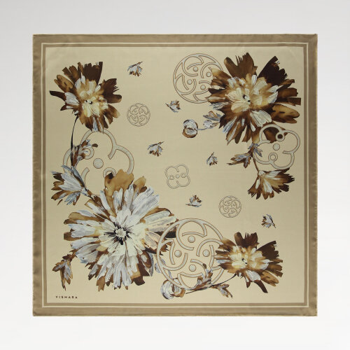Sciarpa quadrata in seta con motivo floreale primaverile beige Vismara