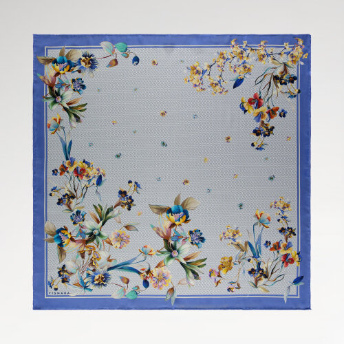 Sciarpa quadrata in seta con motivo monogramma blu e giardino fiorito