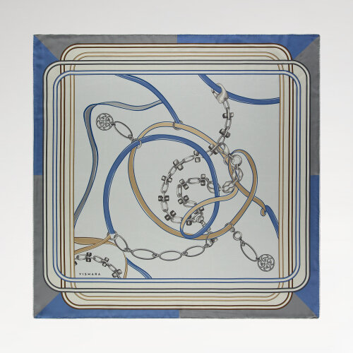 Sciarpa quadrata in seta con motivo monogramma e catena blu