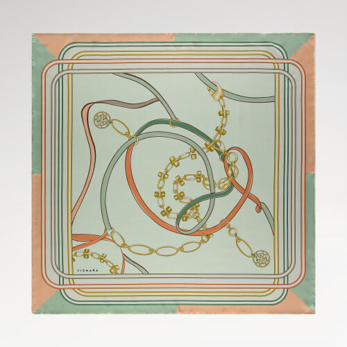 Sciarpa quadrata in seta con motivo monogramma e catena color menta